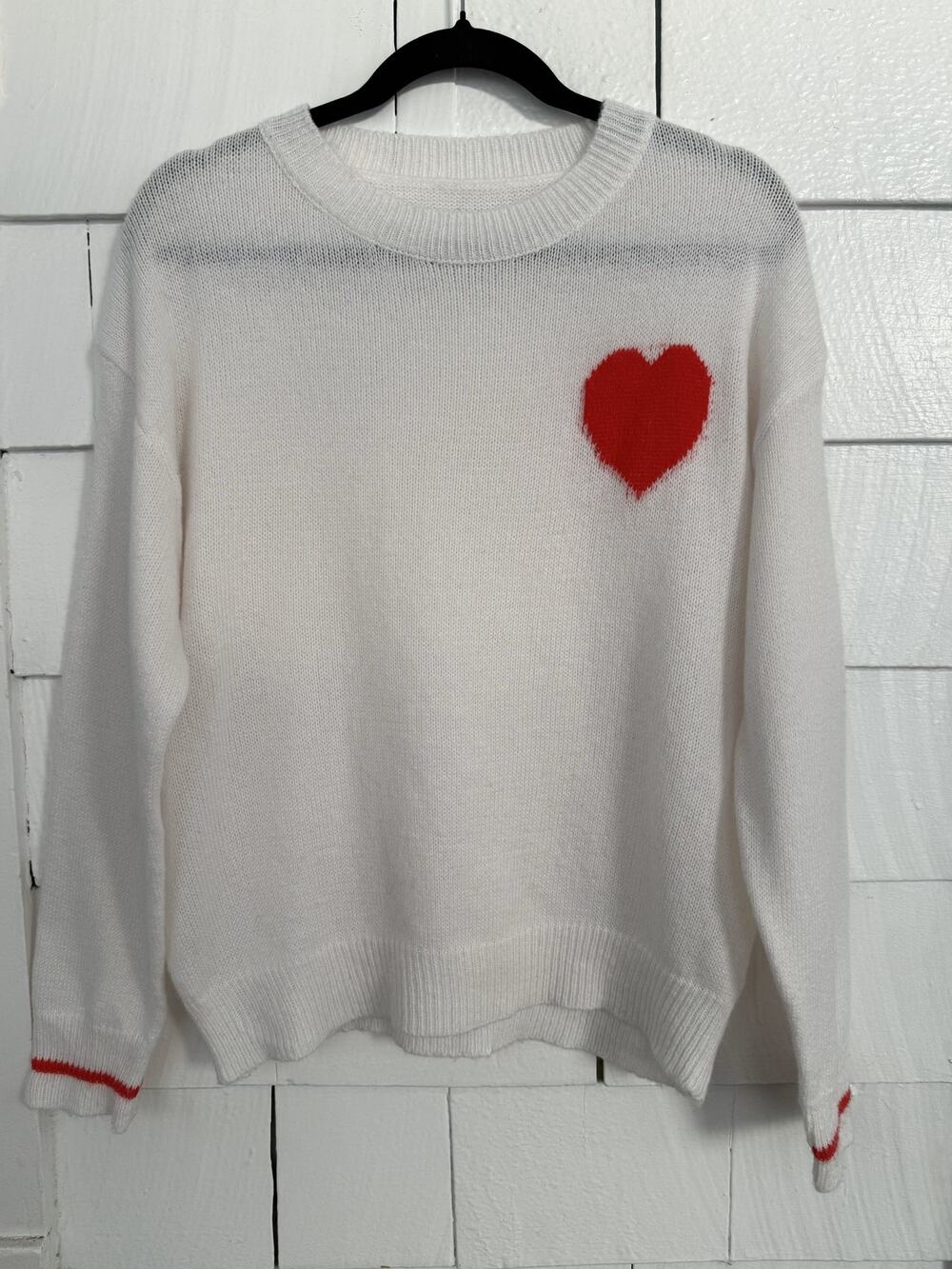 Valentines Day Small Crewneck Sweater Red Heart Detail Cozy Minimalist Romantic